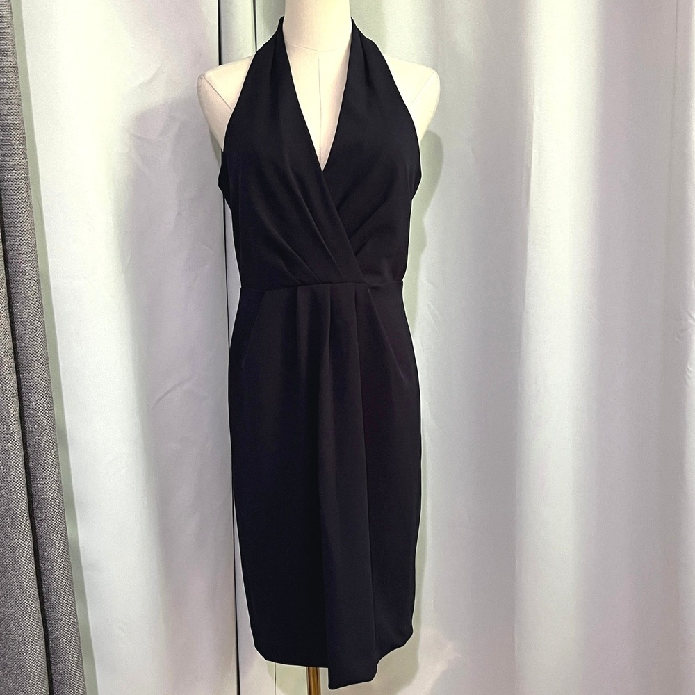 Betsey Johnson Halter Dress Women 6 Navy‎ Surplice Pleated Cocktail Midi